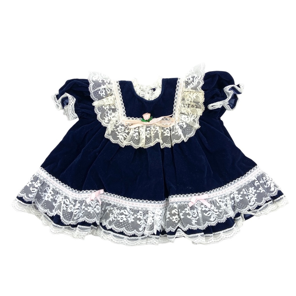 Vintage Blue Velvet White Lace Ruffle Dress Size 0-6 Months Bow Rose